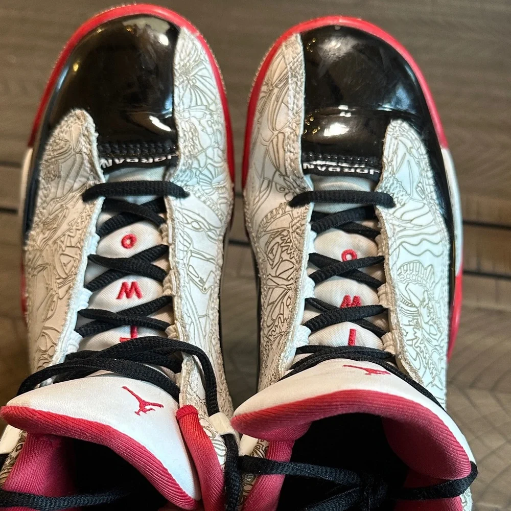 Jordan Kids White, Black & Red High-Top Sneakers with Graphic Upper